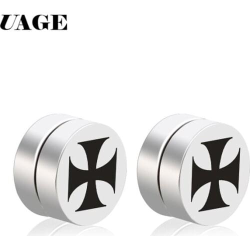 UAGE Vintage Mens Maltese Cross Stud Earrings Round Stainless Steel Magnetic Earrings for Male Boy Gift