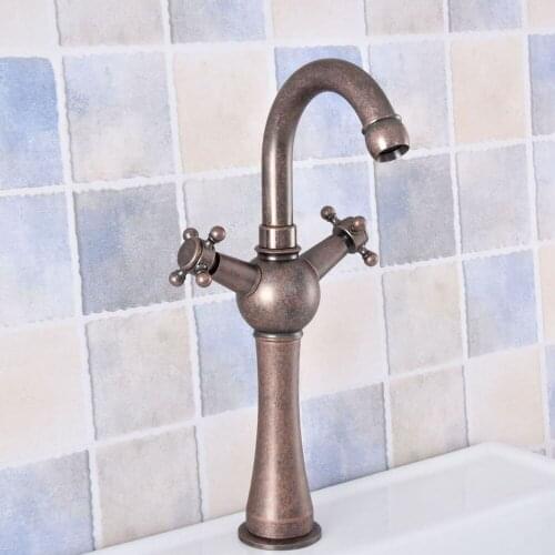 Antique Copper Double Cross Handle Kitchen Sink Faucet Deck Mounted Hot and Cold Water Mixer Tap tsf628