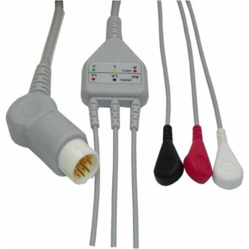 Compatible for Philips/HP 12Pin MP20/30/VM6 Patient Monitor ECG Cable One Piece 3 Leads, ECG Leadwires Cable Snap End AHA .TPU