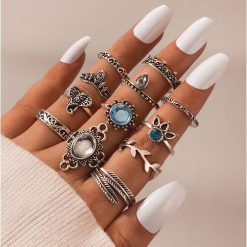 Tocona Vintage Antique Silver Color Crystal Ring Set Geoemtric Elephant Crown Knuckle Rings Anillos Anel for Women Jewelry 6581