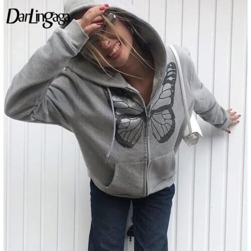Darlingaga Streetwear Rhinestone Butterfly Hoodie Loose Pockets Zip-up Diamond Autumn Winter Clothes Women Hoodies Jacket Coats
