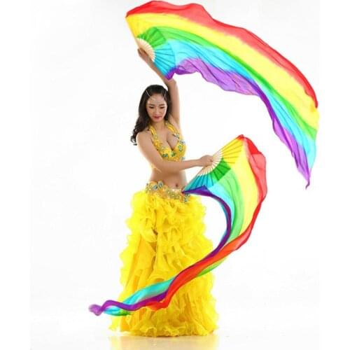 2020 New High Quality Hand Made Colorful Belly Dance Dancing Fans 180X90cm Silk Bamboo Long Rainbow Fans Veils 4 Colors