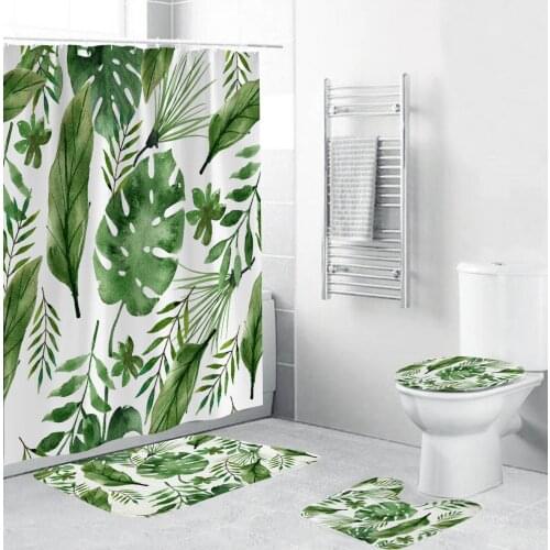 Green Leaf Pattern Shower Curtains Waterproof Polyester Fabric Bathroom Curtain Anti-skid Rug Toilet Lid Cover Mat Home Decor