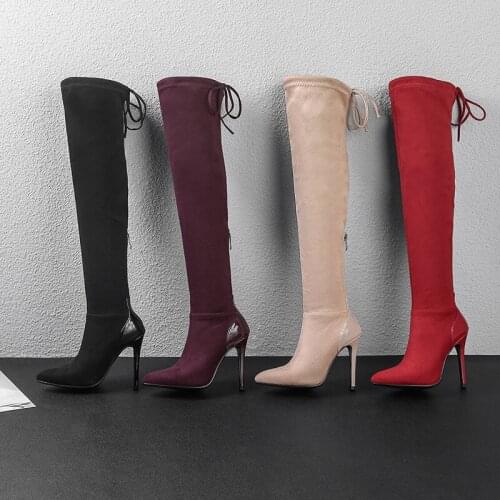 Elastic Flock Slim Over The Knee Boots Women Autumn Winter Ladies Stiletto Heels Casual Shoes Long Thigh High Botas Plus Size