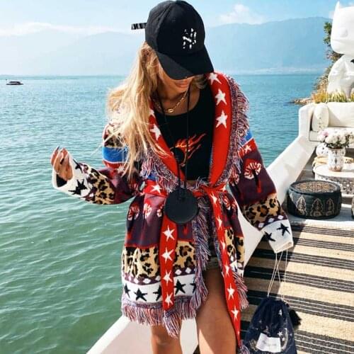 Boho Inspired stars cashmere blend cardigan women long sleeve fringe bohemian cardigan sweater outwear women oversized cardigan