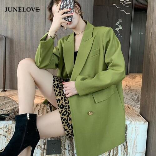 JuneLove Women 2021 Autumn Loose Blazers Vintage Double Breasted Female Green Jackets Casual Office Lady Street Oversied Outwear