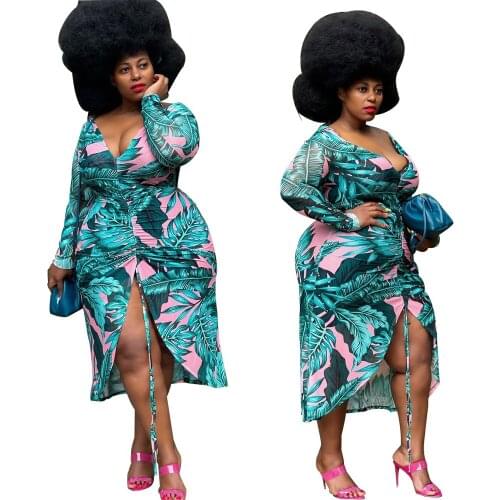 Summer Flower Printed Boho Dress Women Long Sleeve V-neck Retro Vintage Holiday Ruched Drawstring Dresses Clubwear Plus Size 5XL