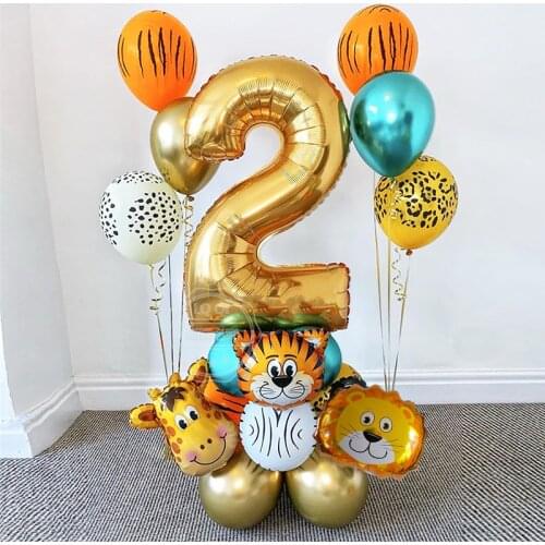 18Pcs Jungle Animal Balloons Set Chrome Metallic Latex Balloon 32inch Gold Number Globos Kids Birthday Party Baby Shower Decor