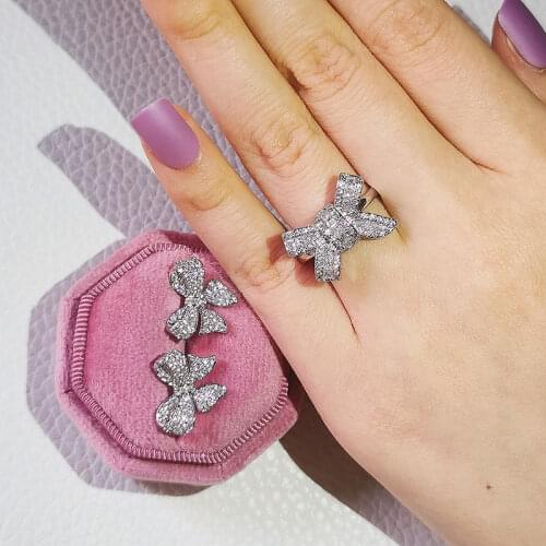 2pcs Pack 925 Sterling Silver Bowknot Cut Zircon Jewelry Set Engagement Ring Stud Earring For Women Gift J6028