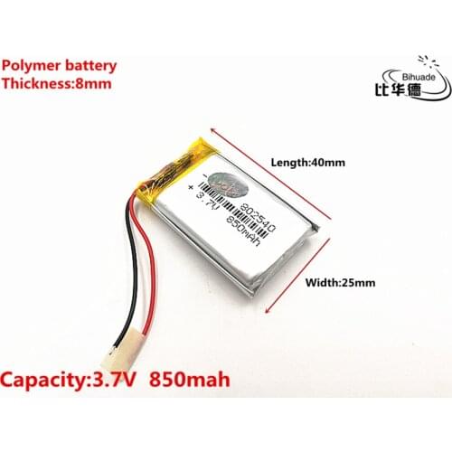 Good Qulity 3.7V,850mAH,802540 Polymer lithium ion / Li-ion battery for TOY,POWER BANK,GPS,mp3,mp4
