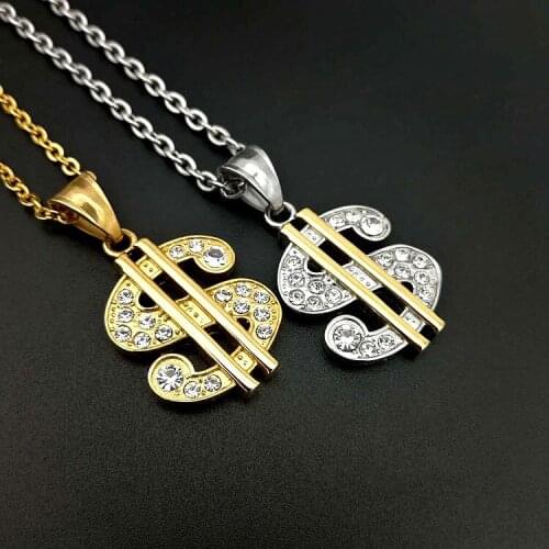 US Dollar Money 3 color Necklace & Pendant 316L Stainless Steel/Gold Color Chain For Women/Men Rhinestone Hip Hop Bling Jewelry