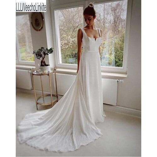 Ivory Satin Chiffon A-Line Wedding Dresses Chapel Train Floor -Length Straps Bridal Gowns Custom Made