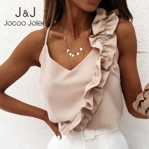 Jocoo Jolee Women Summer Blouse Shirts Sexy V Neck Ruffle Blouses Backless Spaghetti Strap Office Ladies Sleeveless Casual Tops