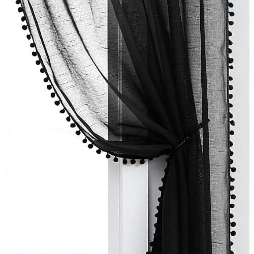 Black Pompom Sheer Curtains for Living Room Linen Window white pom pom Tulle Curtain Draperies for Bedroom Princess Room
