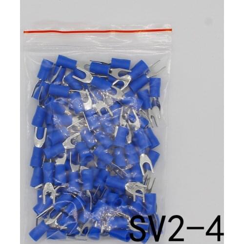 SV2-4 Blue Furcate Cable Wire Connector 100PCS/Pack Furcate Pre-Insulating Fork Spade 16~14AWG Wire Crimp Terminals SV2.5-4 SV