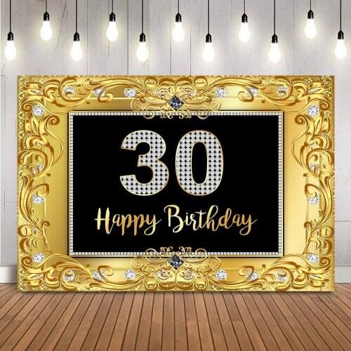Gold 30th Birthday Backdrop Shining Diamons Happy Birthday Photo Background Adult Theme Thirty Birthday Party Banner Photocall
