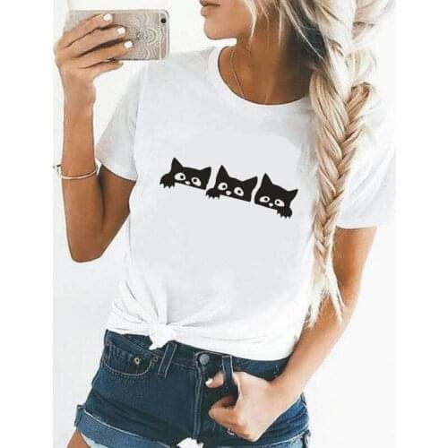 Three Cat Head Print T Shirt Women Tops Harajuku Shirt Summer Short Sleeve Tee Shirt Femme Casual Women TShirt Camiseta Mujer