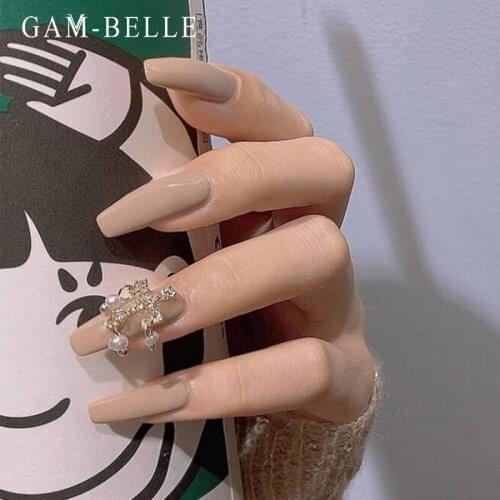 GAM-BELLE 24Pcs Solid Color False Nails With 3D Rhinestones Long Coffin Artificial Press On Nails Art Decoration Manicure Tool