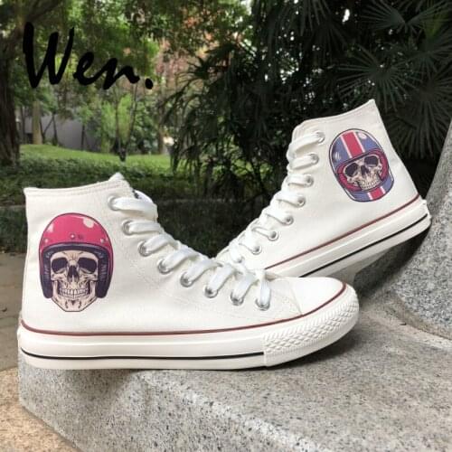 Wen White Design Skateboarding Shoes Zombie Skull Wearing Motorcycle Racing Helmet Unisex High Top Canvas Sneakers Plimsolls