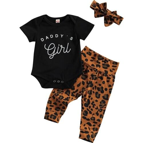 Newborn Baby Girls 3-piece Outfit Set Letter Print Romper+Leopard Pants+Headband Set