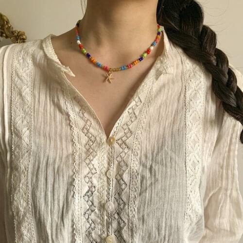 Summer Fashion Colorful Hand-Beaded Bohemia Necklaces For Women Classic Simple Metal Starfish Pendant Necklaces Femme collares