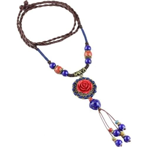 Fashion Women Flower Necklaces Pendants Personality Vintage Ethnic Style Ceramic Beads Long Choker Chain Jewelry
