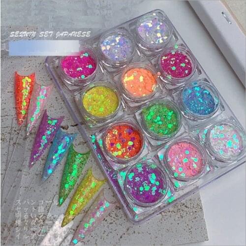 New style nail round sequin set laser disc magic color mermaid nail glitter set 12 grids Art Decoration For Manicure Pigment