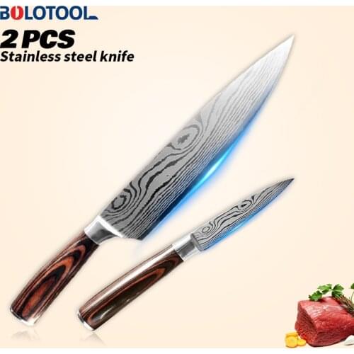 Knife Set Kitchen Damascus Laser Pattern 2PCs Japanese Chef Meat Vegetable Slicing Cleaver Fruit Knives 440C Stainless Steel