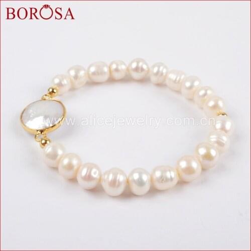 BOROSA Natural Pearl Connector 7-9mm Bracelets Freshwater Pearl Beaded Bracelet Chain Women Bracelets Jewelry for Wedding G1407