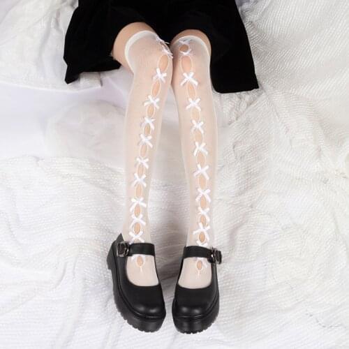 Maid Lolita Socks Knee High Cosplay Costumes Accessories Nylon Lace Bow Socks Cute Kwaii Girl Long Socks Lady White Knee Socks