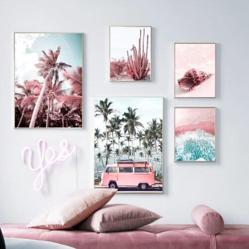 Pink Bus Beach Sea Palm Tree Cactus Conch Nordic Posters And Prints Wall Art Canvas Painting Wall Pictures For Living Room Decor