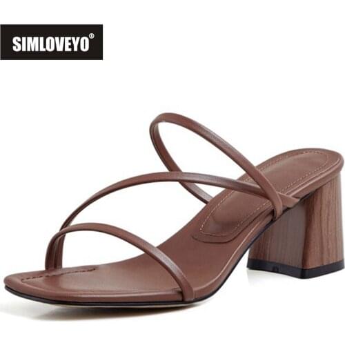 SIMLOVEYO 2021 New Fashion Concise Sandals Narrow Band Solid Open Toe Slip On 7cm Chunky Heel Shoes Size 33-40 Brown Beige A4264