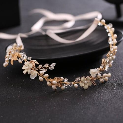 Bridal wedding headband pearl crystal alloy shell bridal headdress romantic ribbon hair ornaments gold silver wedding jewelry