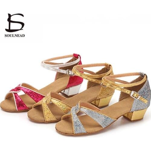 Children Latin Dance Shoes Rose/Golden/Silver Girls Women Salsa Tango Ballroom Performance Dancing Shoes Middle Heels Soft Sole