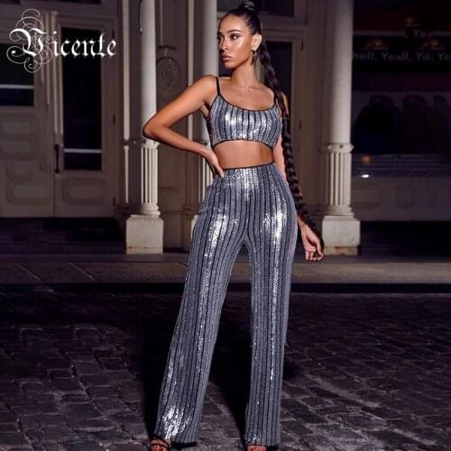 VC All Free Shipping New Chic Silver Striped Sequins Two Pieces Suit Sexy Sleeveless Celebrity Party Crop Tops Pants Suit
