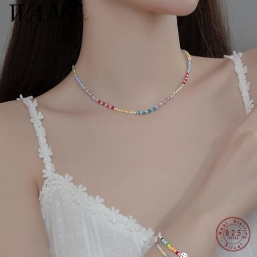 WANTME 925 Sterling Silver Colorful Glass Beads Sweet Simple Clavicle Necklace for Women Fashion Korean Party Wedding Jewelry