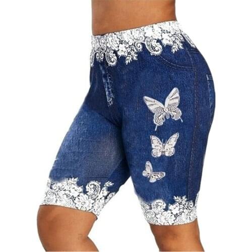 Plus Size Denim Shorts Womens Lace Patchwork Butterfly Print Tight Shorts Stretch Tight Denim Shorts Womens Sexy Buttocks Slim