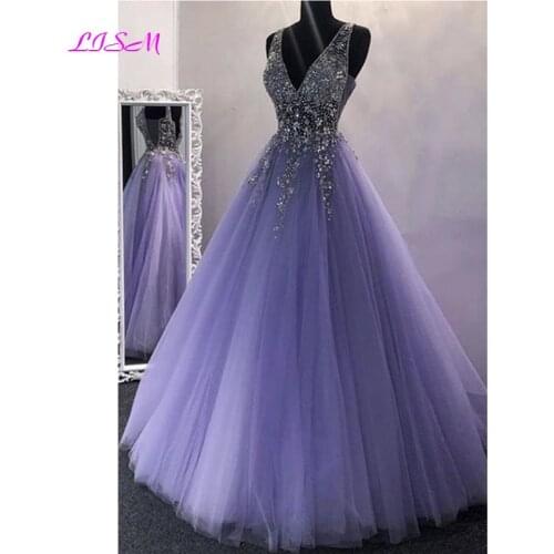 Pretty Purple Tulle V-Neck Beaded Sequins Long Prom Dress V-Backless Floor Length Evening Dresses Elegant Formal Gowns