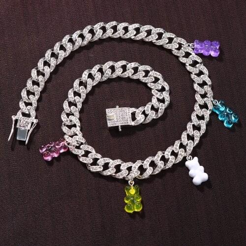 2021 Curb Cuban Link Bear Necklace Chain Female Men Rhinestone Paved Male Thick High Quality Pave Bling Choker Neck Jewelry Gift