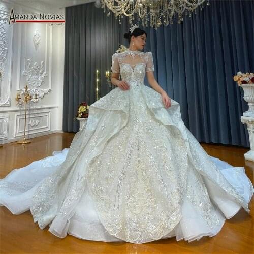 2022 Short Sleeves With Detachable High Neck Backless Ball Gown Luxury Wedding Dress With Full Beading