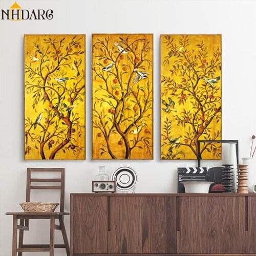 3 Panels Chinese Style Rich Tree Bird Landscape Posters and Prints Canvas Painting Art Wall Pictures for Living Room Home Decor
