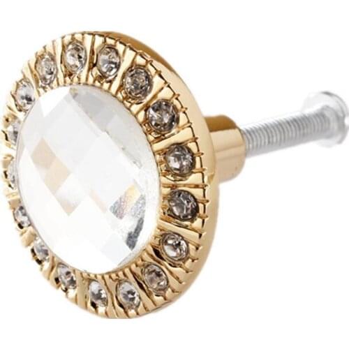 Promotion! 1pcs Crystal Glass Clear Round Pull Handle Glittering Rhinestone Knob for Cupboard Drawer Gold