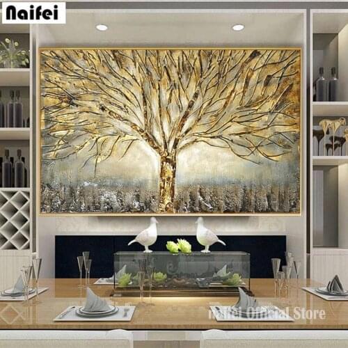 Diy 5D Diamond Painting Wall Art Abstract Gold Tree Embroidery Cross Stitch Rhinestones Mosaic Modern For Living Room Home Decor