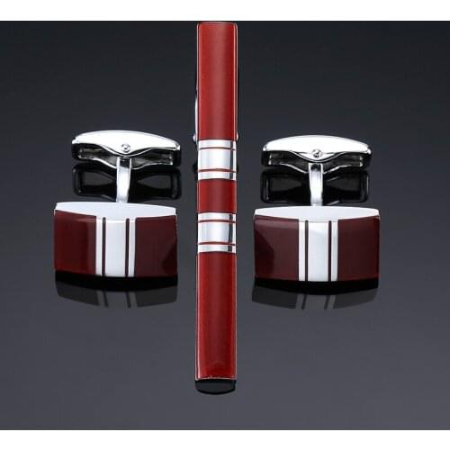 DY The new mens fashion clothing accessories Red Enamel Silvery Stripe Tie Clip Cufflinks set free shipping