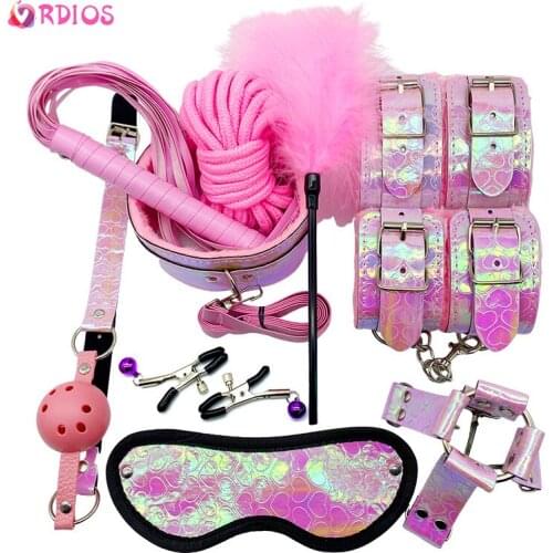 Exotic Accessories Heart Colorful Leather Handcuffs For Sex BDSM Bondage Set Nipple Clamps Whip Spanking Sex Metal Anal Plug