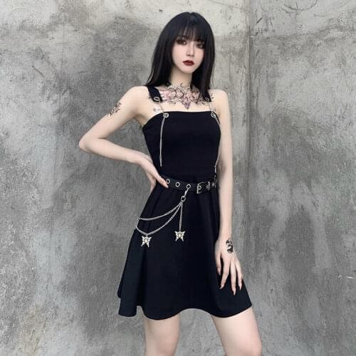 Goth Punk Rock Sexy Dress Women High Waist With Butterfly Chain Belt A-line Dress Street Harajuku Street Mini Short Dress