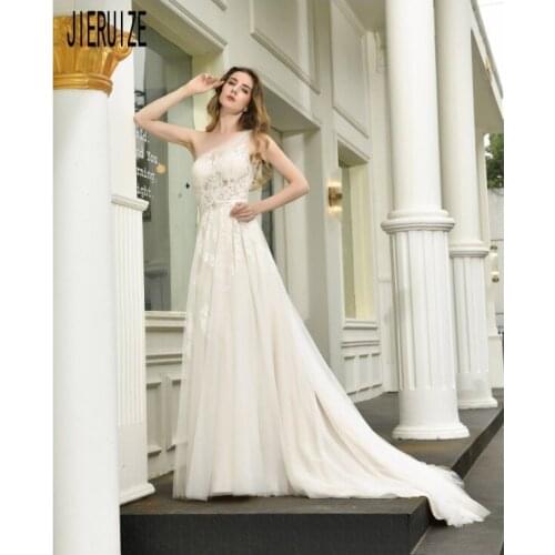 JIERUIZE Ivory Illusion Bodice Wedding Dress 2020 One Shoulder Wedding Gown Sleeveless Button Elegant Lace Up Vestido De Noiva