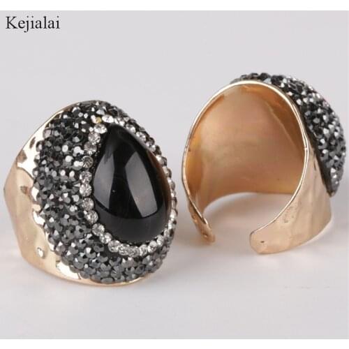 Waterdrop teardrop natural black obsidian onyx stone bead charm wrap adjustable wide gold open hammered ring cuff for woman man