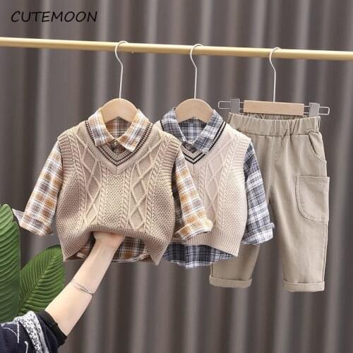 Children Clothing Sets Cotton Toddler Plaid Lapel Shirt+Vest +Pants for Boys Clothes Outfit Spring Autumn Baby Kids Clothes Sets