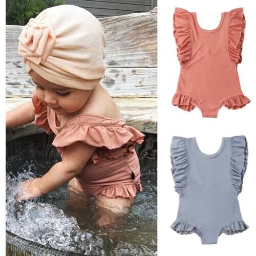 Summer Kids Baby Girl Cute Casual Solid Color Sleeveless Ruffle One-Piece Suits Swimming Swimwear Swimsuit Bathing Beachwear